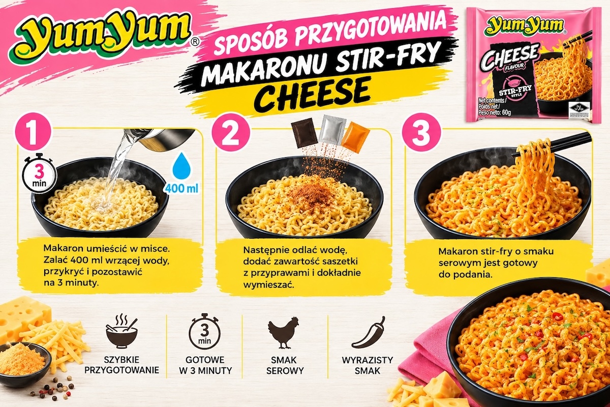 Sposób Przygotowania: Tajski Błyskawiczny Makaron Instant Stir-Fry Cheese Flavour 60g YUM YUM